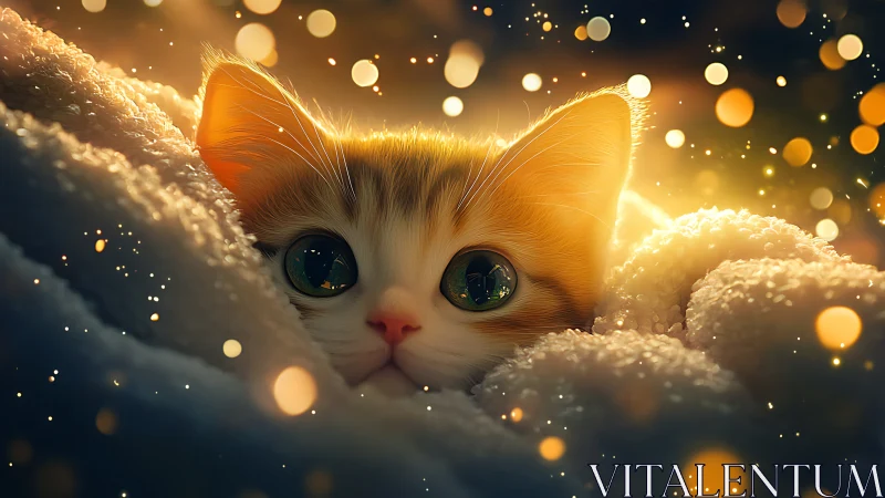 Celestial Cat Resting Among Golden Clouds and Bokeh Light