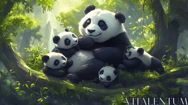 Digital painting of panda family in luminous forest glade.
