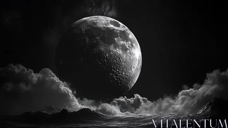 Brooding moonrise above a stormy charcoal cloud ocean.