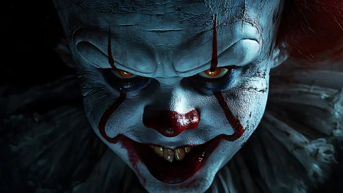 Close-up of sinister clown face with white makeup and glare.