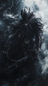 Shadow armored wraith emerges through fractured smoke storm.