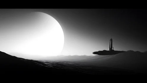 Silent rocket at moonrise over whispering alien dunes.