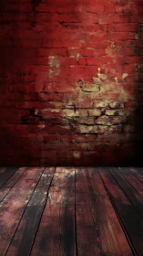 Red brick wall and wooden floor form a worn interior plane