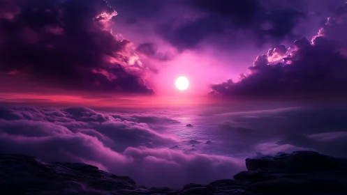 Violet sun sinks above cloud sea over distant ocean horizon