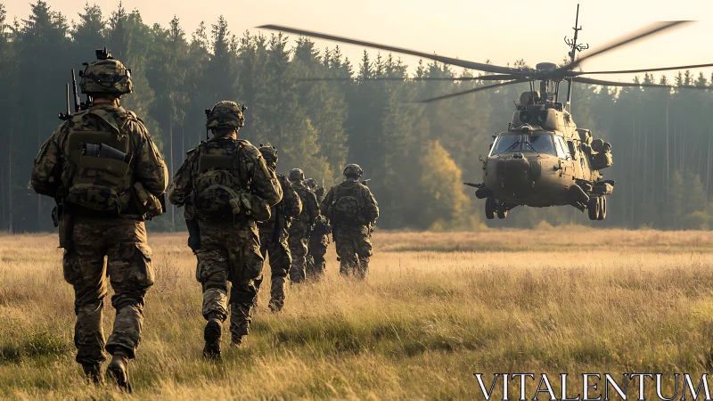 Infantry squad advancing toward low-hovering military helicopter