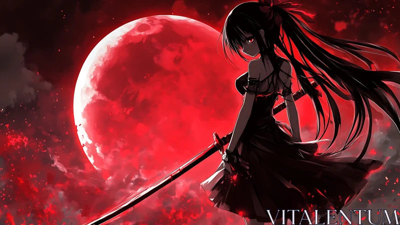 Silhouetted swordswoman stands before a red moon glow