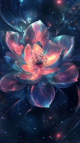 Transparent luminous flower with nebula-like cosmic backdrop.