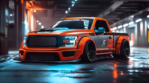 Lowered orange tuner truck glows in a neon urban garage
