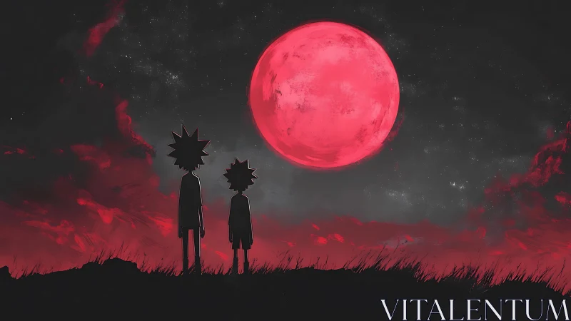 Two silhouetted figures stare at a huge red moon.