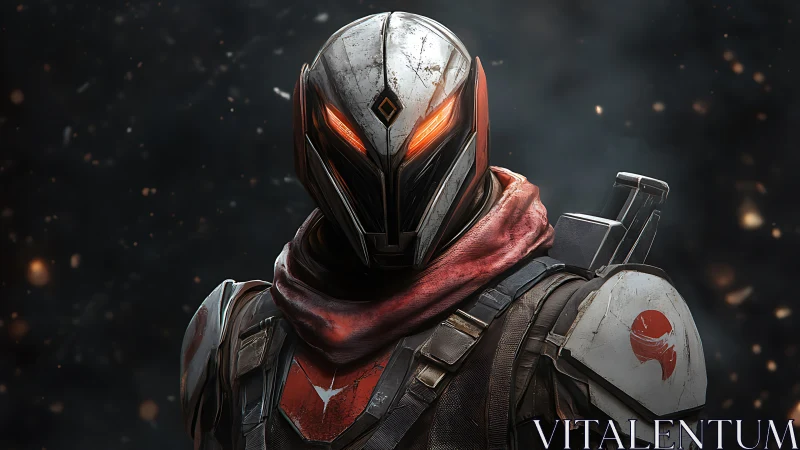 Armored sci fi ranger portrait with glowing visor eyes.