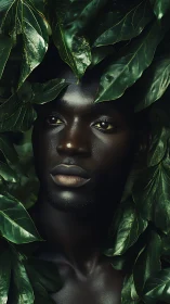 Photorealistic portrait framed by dense glossy foliage.