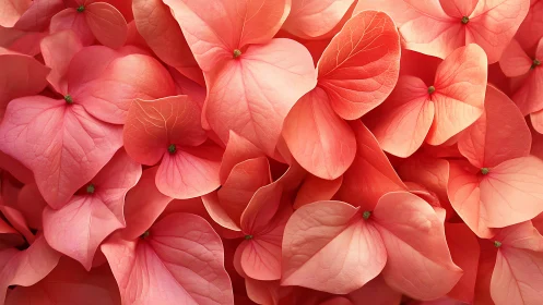 Close view of overlapping pink hydrangea flower bracts.
