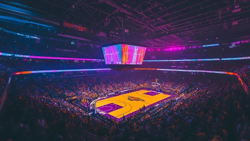 Neon arena fever dream ignites a glowing basketball showdown.