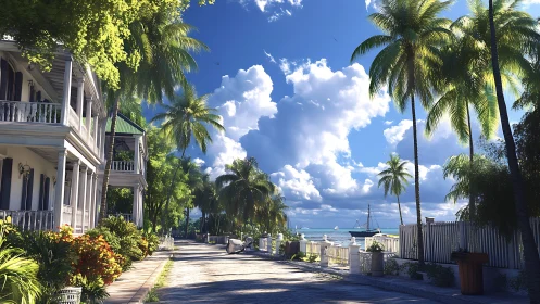 Sunlit tropical seaside street overlooks calm blue harbor