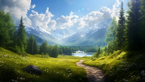 Digital landscape with alpine lake, forest, and sunlit path.