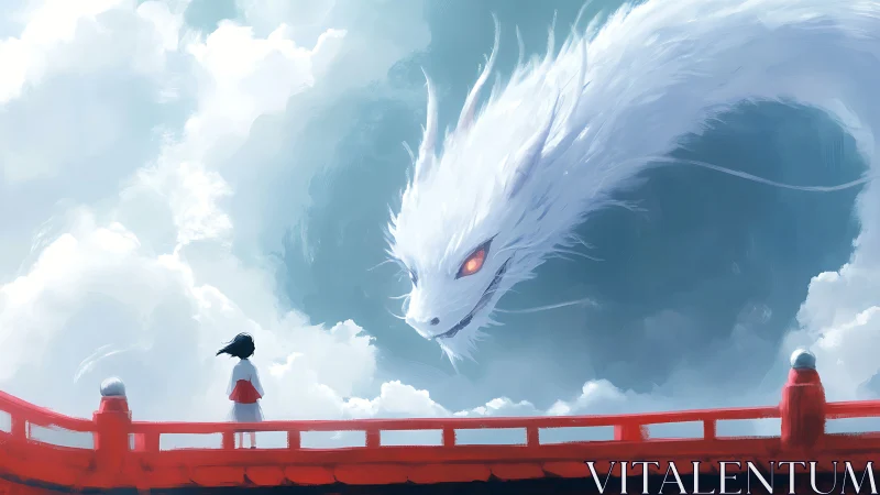 Girl confronts ethereal white dragon above red bridge in clouds