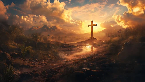 Sunlit cross crowns a misty valley road of quiet redemption.