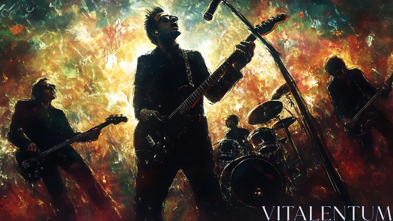 Rock band silhouette onstage amid vivid abstract lights.