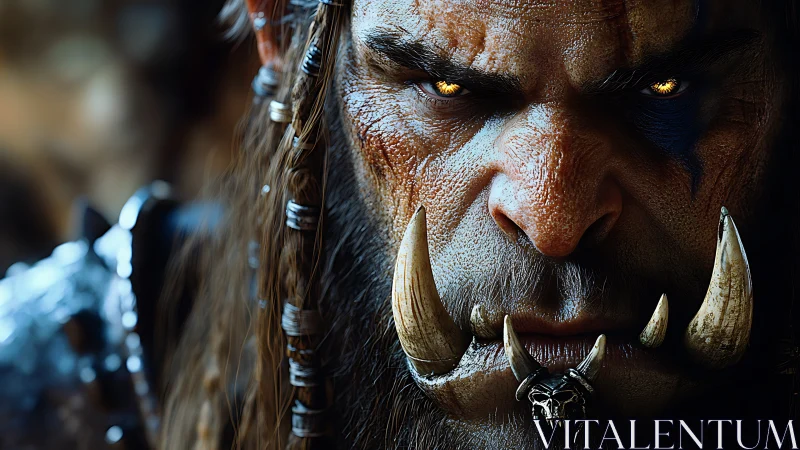 Orc warlord close-up with glowing eyes and brutal tusks.