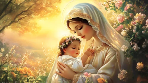 Mother holds sleeping child in luminous floral garden