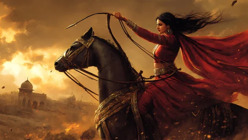 Fierce warrior queen rides into a blazing, ember-lit sky