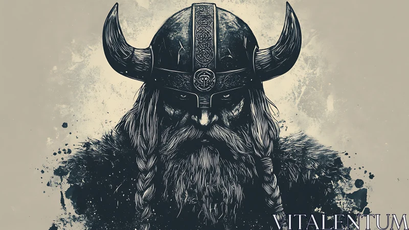 Monochrome Viking warrior portrait with horned helmet.
