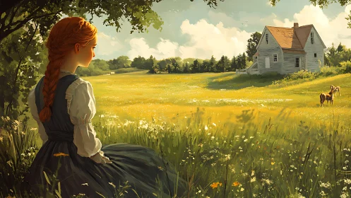 Red haired girl observing rural field and farmhouse scene.