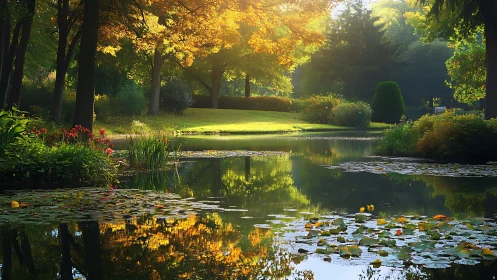 Golden hour landscape with reflective pond and foliage.