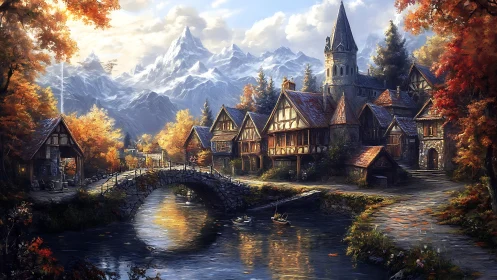 Mountain village sits beside river under autumn sunlight