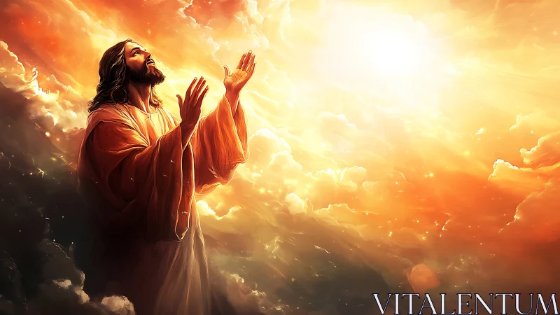 Luminous ascension figure under radiative, volumetric heavens.