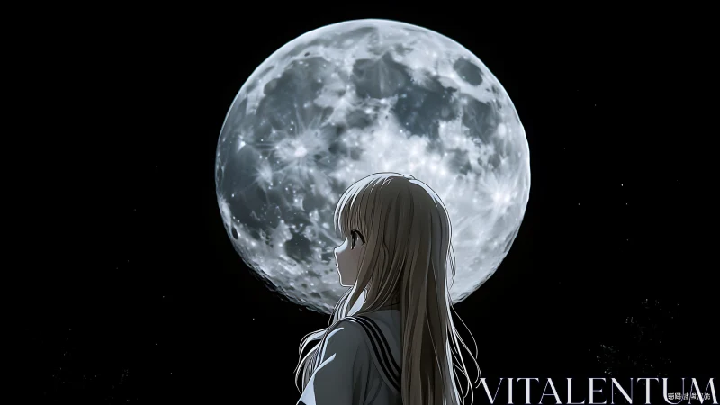 Backlit anime schoolgirl silhouette against hyper-detailed full moon