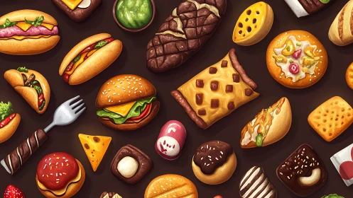 Playful parade of illustrated fast food and candy treats.