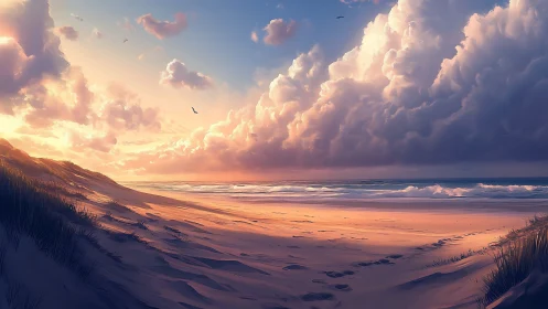 Soft sunset clouds welcome gentle waves along a quiet shore