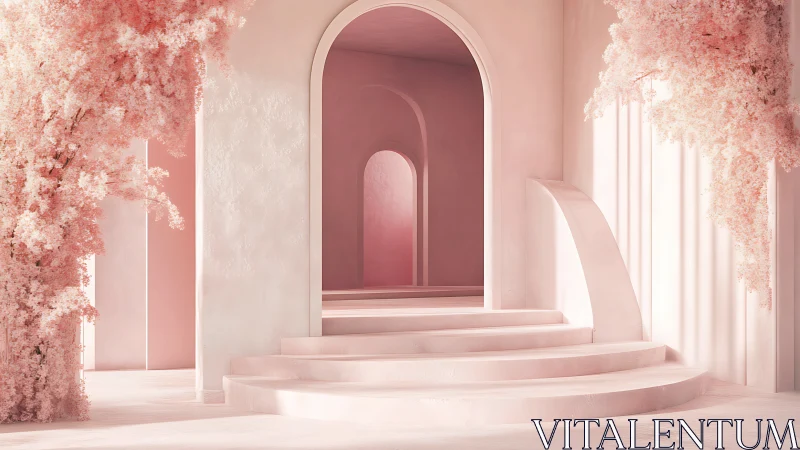 Ethereal Pink Corridor with Archway and Cascading Floral Elements