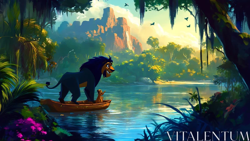 Lion and Meerkat Navigate Jungle Boat Through Turquoise Waters