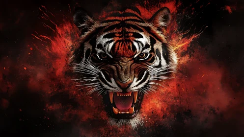 Spectral tiger head in explosive chromatic combustion field.