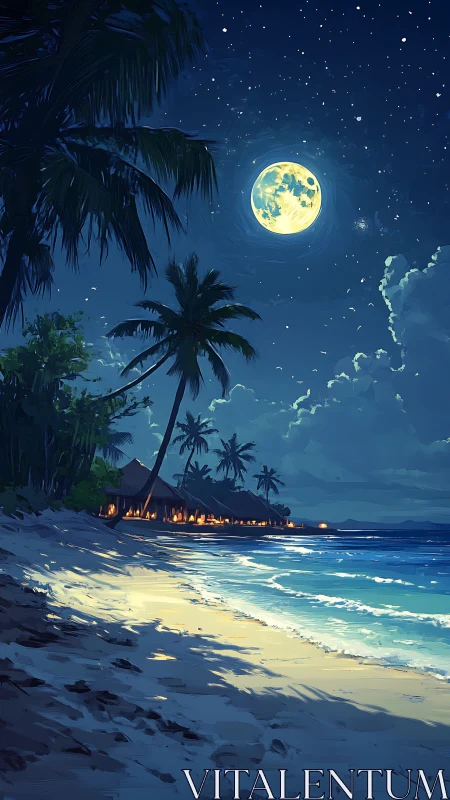 Moonlit Beach Paradise With Palm Trees and Glowing Lanterns