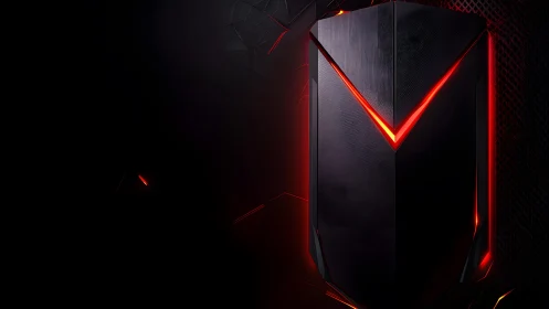Futuristic black gaming shield with sharp red neon accents, digital art.
