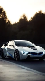 Futuristic white sports coupe with blue LED accents at dusk.