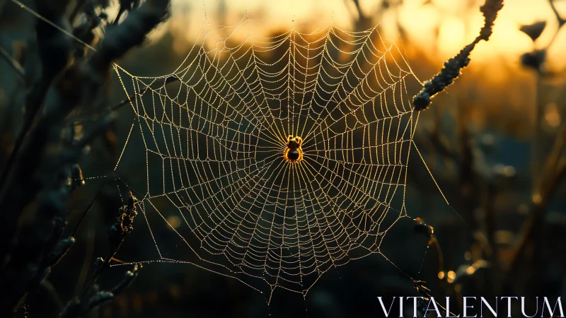 Spider and radial web backlit by low warm sunlight.