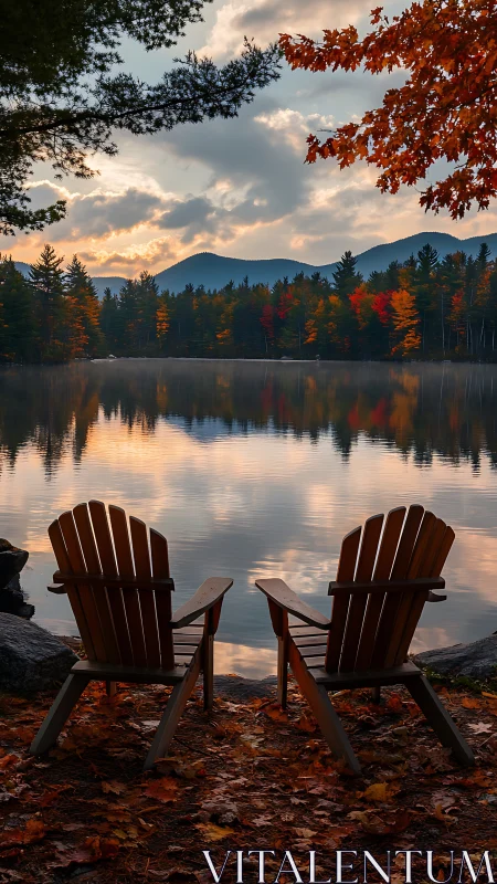 Wooden chairs overlook calm autumn lake at sunset