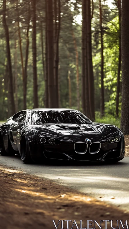 Sleek black BMW concept glides through a tranquil forest road.