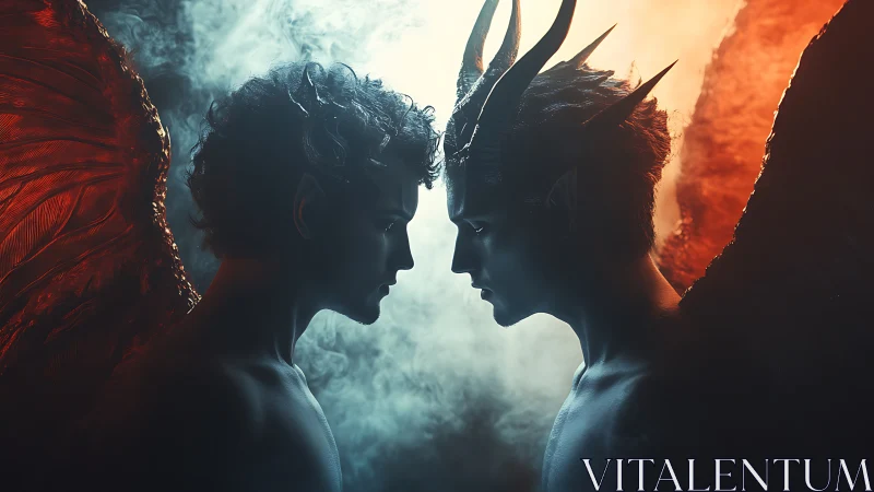 Angelic and demonic twins confront each other in smoky light