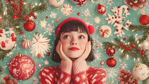 Centered girl amid festive ornaments renders whimsical holiday reverie