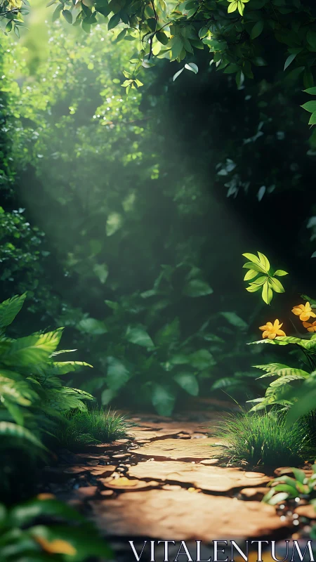 Forest Path with Dappled Sunlight and Yellow Blooms.