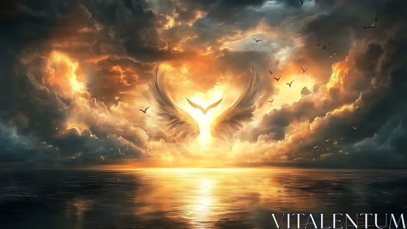 Heavenly wings rise over a glowing ocean sunset sky