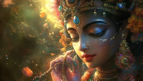 Radiant goddess in jeweled blossoms and drifting light.