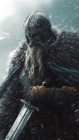 Armored Viking warrior stands in blizzard, rendered cinematically