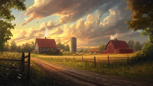 Golden sunset light washes over tranquil country farmstead.