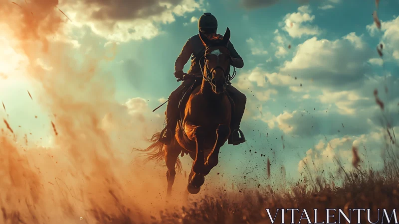 Horse and rider charge through dusty field at sunset.